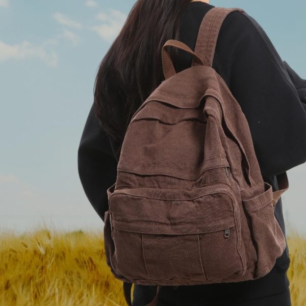 Coffee Brown Canvas Backpack for Women & Men Retro Aesthetic Rucksack Basic Backpack for High School/College Students Travel Laptop Bag - Image 2